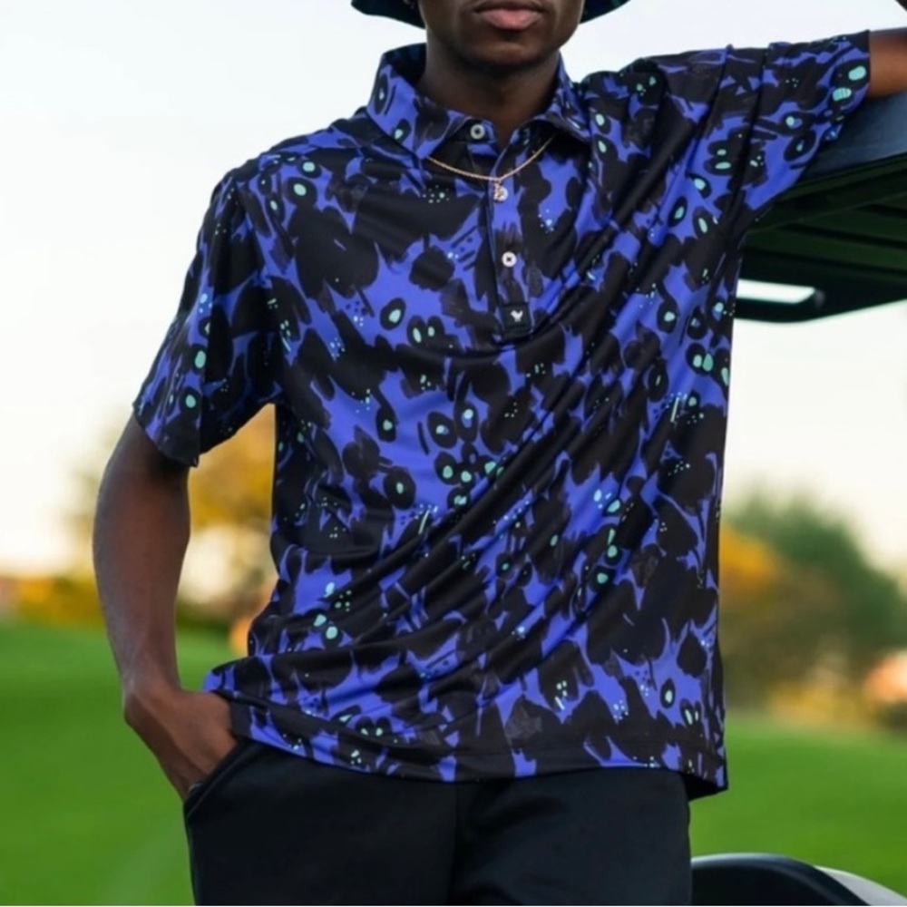 Bad Birdie NWT Nocturnal by Nature Blue and Black Psychedelic Golf Polo L